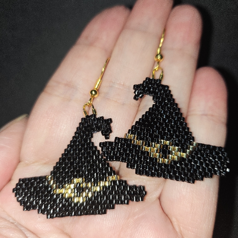 Handmade Beaded Halloween Witch Hat Earrings